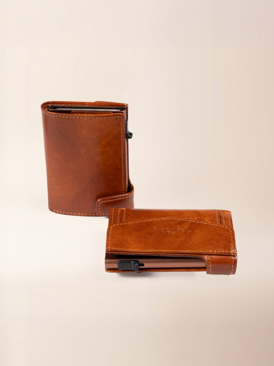 Two cognac Tony Perotti leather card holders